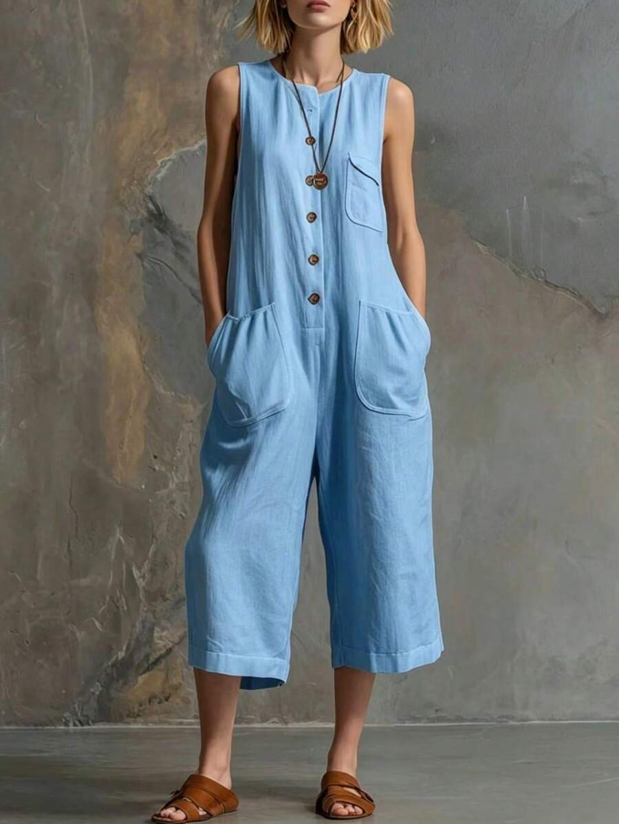 New Spring-Summer Jumpsuit For Women, Retro Casual Style, Sleeveless, White, Linen And Cotton, 3/4 Wide Leg, Flattering Design, Perfect For Daytime Looks, Walks And Holidays - 天藍色 - 查看 1