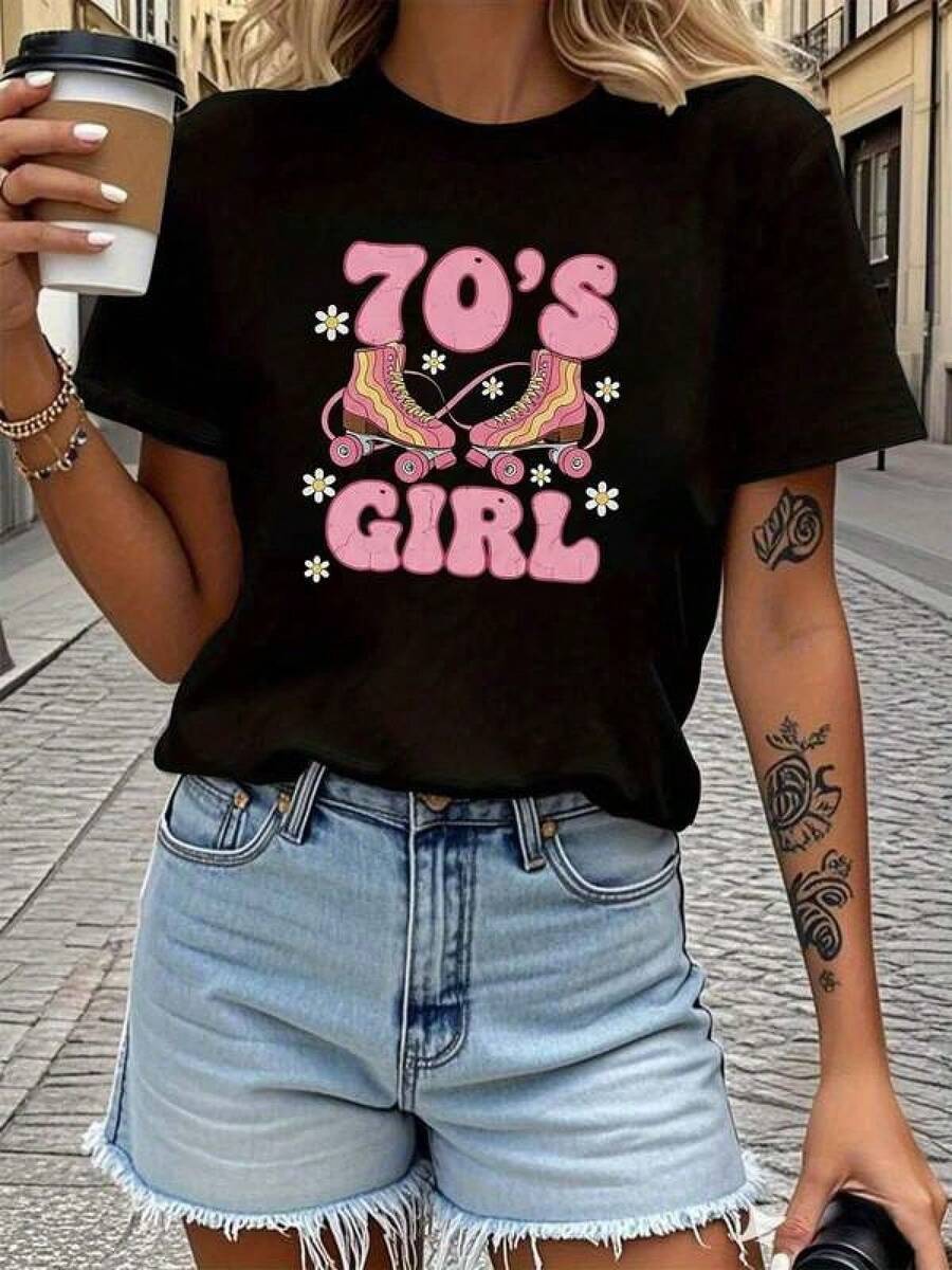 1 Piece Unisex Loose Fit Crew Neck Short Sleeve T-Shirt, 180g, 100% Pure Cotton, Breathable And Soft, Y2K Bababask Style With Modern Graphic Print, Ideal For Women And Men, Perfect For Daily Wear, Festivals, Concerts And All Seasons - 黑色 - 查看 1