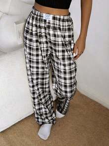 Pantalones de estar por casa rectos de cintura elástica con estampado de cuadros para mujer, para invierno - Blanco y Negro - Ver 5