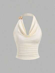 Sweetro Top corto sin mangas con cuello de volantes inspirado en el estilo vintage, con diseño de cintura plisada, moda de verano para mujer - Albaricoque - Ver 7