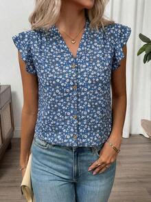 Clasi Blusa de mujer de verano con cuello en V y mangas cortas con estampado floral - Azul - Ver 6