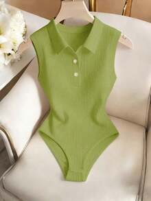 Elegante body de punto blanco con cuello vuelto y media cremallera, body de mujer para primavera/verano, ideal para vacaciones y playa - Verde - Ver 1