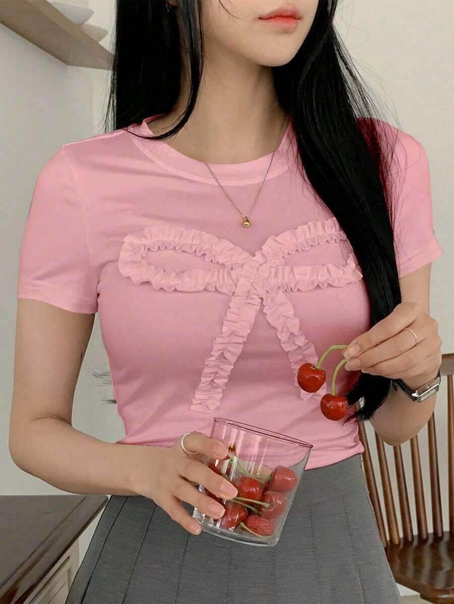 Camiseta casual de verano para mujer con volantes y decorativa con lazo, crop tops para mujer, camisetas gráficas - Rosa Pálido - Ver 1