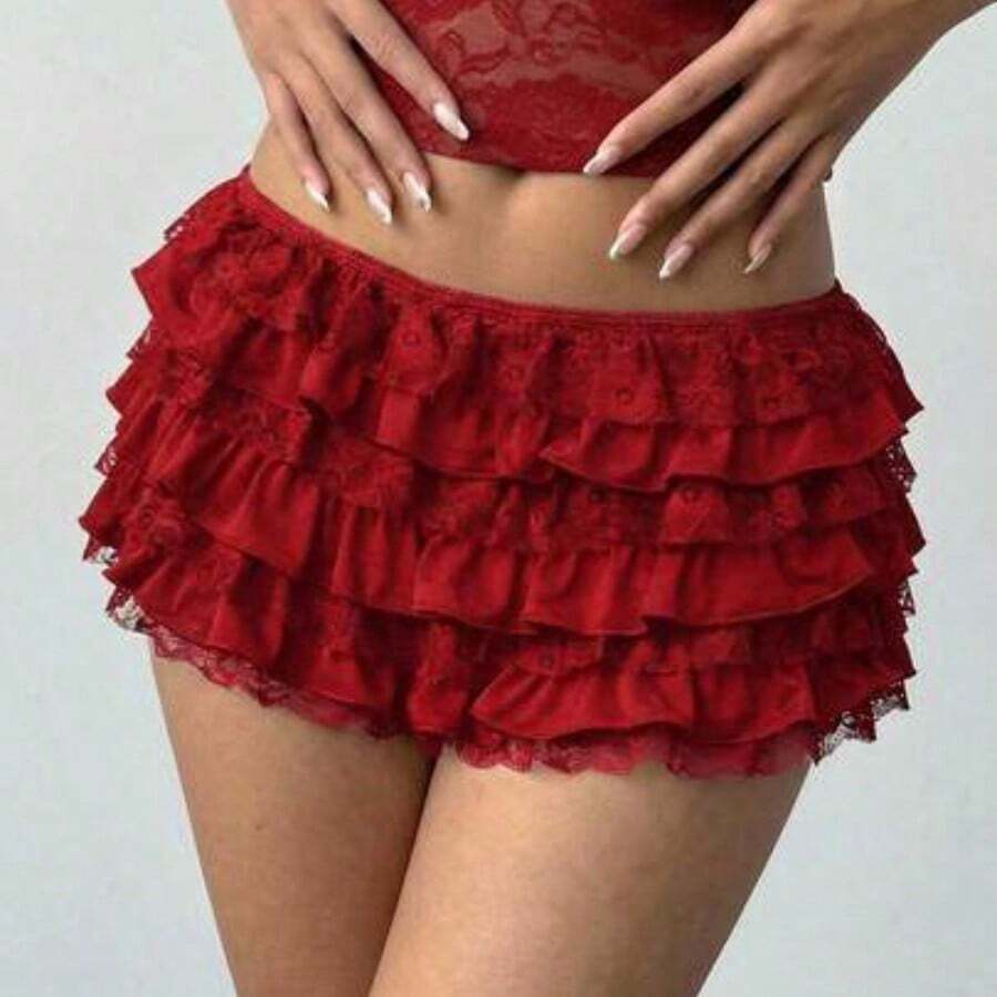 Women's New Sexy Lace Solid Color Black Cake Skirt Ruffle Low Waist Short Shorts,Valentine's Day,Valentines,Shorts For Women,Y2k,Valentine's Day,Graduation,Back To School Outfits Summer Outfits For Women Summer Clothes Summer Holiday Outfits - Rojo - Ver 1