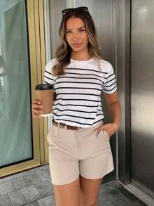 PariChic Camiseta casual de mujer a rayas, camisetas gráficas versátiles para mujer - Blanco y Negro 3 - Ver 6