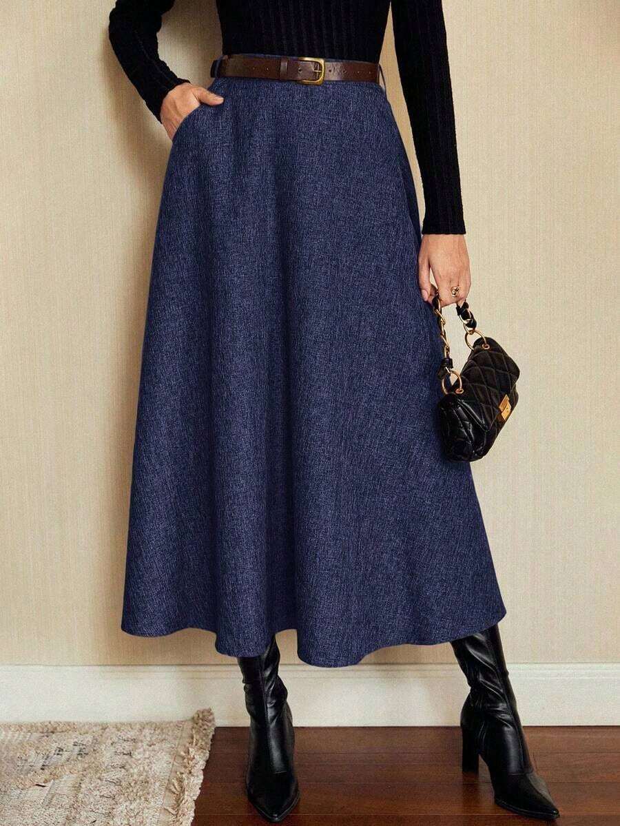 DECDS Falda elegante vintage para mujer con bolsillos y cinturón a cuadros, falda casual de vacaciones, falda gris de otoño, invierno y Navidad, falda para invitada de boda - Azul marino - Ver 1