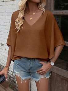 Camisa de manga de murciélago de unicolor casual, verano - Café integral - Ver 4