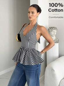 Blusa de moda para fiesta con cuello halter, corbata y fruncido en el diseño - Blanco y Negro - Ver 4