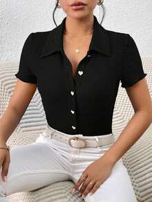 Frenchy Camiseta unicolor con botón delantero - Negro - Ver 5