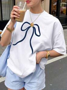 Solt 1pscINAWLY Camiseta casual de mujer con cuello redondo, manga caída y estampado de lazo, para el verano100%cotton graphic - Blanco 2 - Ver 1