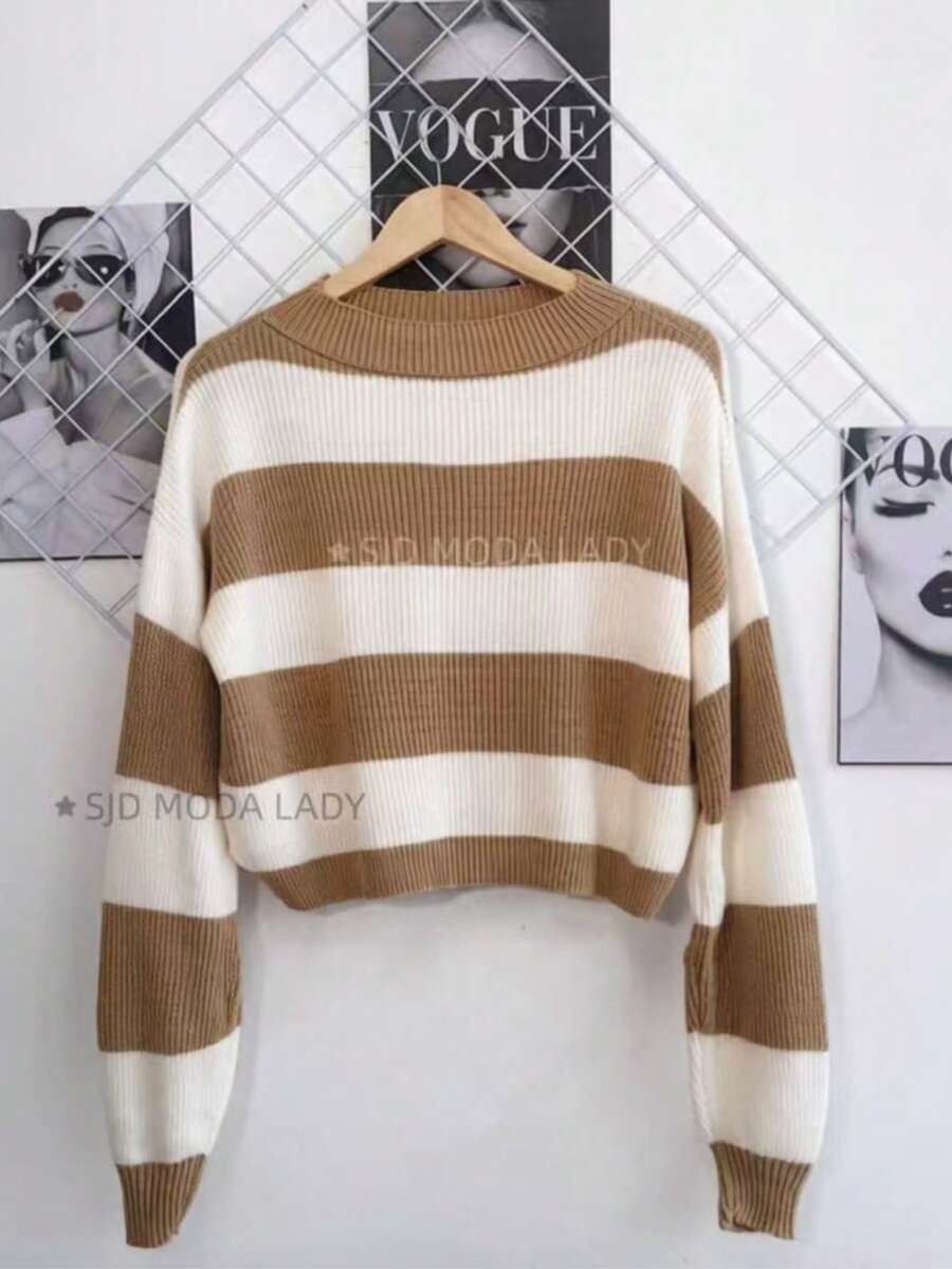SJD MODA LADY Striped Sweater Knit Modal Off Shoulder Super Autumn Winter Korean Style Best Fabric - Khaki Stripe White - View 1
