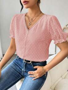 Blusa de gasa con estampado de lunares francés de moda para mujer, diseño elegante y elegante de manga corta con volantes para el verano - Rosa - Ver 3