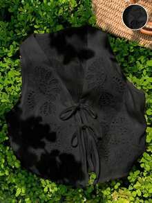2026 Nuevo Top sin mangas con cuello en V, lazo delantero y bordado floral para mujer, ideal para vacaciones en la playa, uso casual, estilo Y2K de los 2000, primavera, graduación, fiesta de boda, vacaciones elegantes, San Valentín, carnaval, - Negro - Ver 3