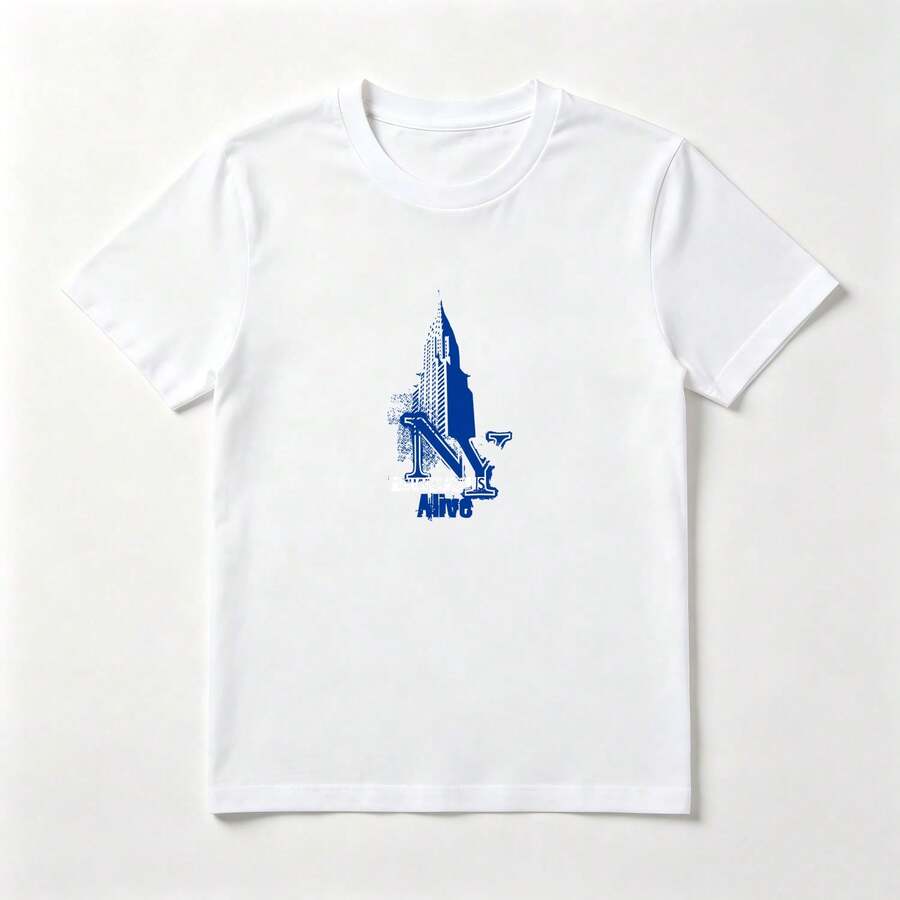 Camiseta Blanca Algodón Silueta Edificio Azul - Diseño Urbano Minimalista - Blanco - Ver 1