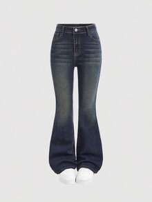 Girlism Jeans casuales acampanados con bolsillos y bordado de letras con estilo grunge y punk de moda Y2K para adolescentes, jeans para niñas para vuelta al colegio en otoño - Azul lavado oscuro - Ver 2