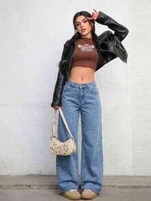 ICON Solid Color Wide Leg Pocket Jeans, Casual And Versatile - 輕柔的洗滌 - 查看 11