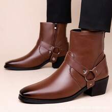 New Men's High Heel Leather Boots, Retro Western Cowboy Boots With Metal Buckle Strap And Side Zipper, Elevated Formal Boots, British Style - Brown - View 16
