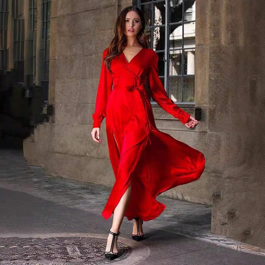Women's Long Summer Dress With V-Neck And Side Slit, Fashionable And Elegant Design, Vibrant Colors And Loose Style - 紅色 - 查看 1