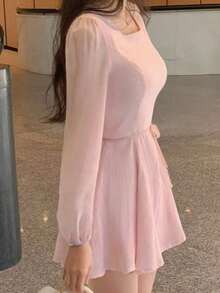 Vestido mini de manga larga con cuello redondo para mujer, de color rosa, vestido de verano para primavera/verano/otoño - Rosa - Ver 7