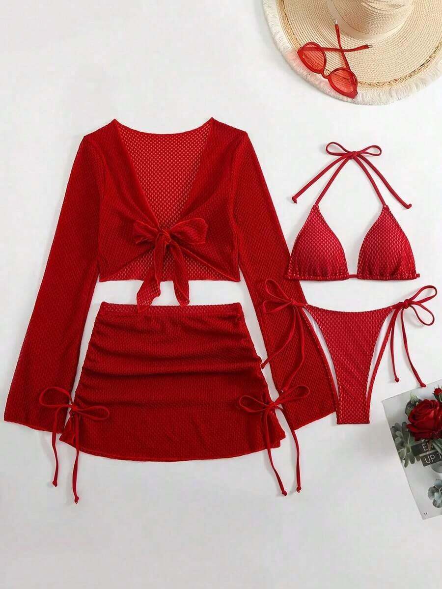 Conjunto de bikini de triángulo de unicolor con pareo para vacaciones en la playa, verano negro - Rojo - Ver 1