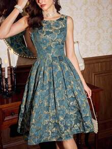 DECDS Vestido de mujer elegante y vintage con estampado floral de jacquard para fiestas, festivales y eventos elegantes.Vestidos largos elegantes para fiestas para mujeres en otoño, invierno, Navidad, Halloween y Año Nuevo. - Azul - Ver 3