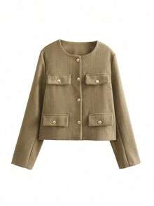 Chaqueta minimalista de mujer de unicolor con botones delanteros y mangas largas, elegante y casual, ligera para primavera y otoño, color negro - Caqui - Ver 4