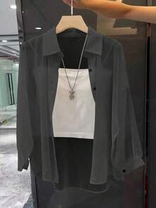 Blusa minimalista de unicolor transparente con cuello vuelto, blusas de manga larga - Gris Oscuro - Ver 7