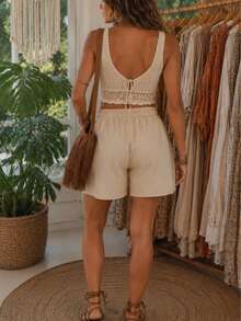 Bermuda ligera mujer short unicolor con costura de contraste, pantalón corto con cintura ajustable dama para vacaciones - Beis - Ver 2