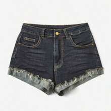 Grunge Punk Solid Raw Hem Low Waist Denim Shorts, School - Azul lavado oscuro - Ver 1