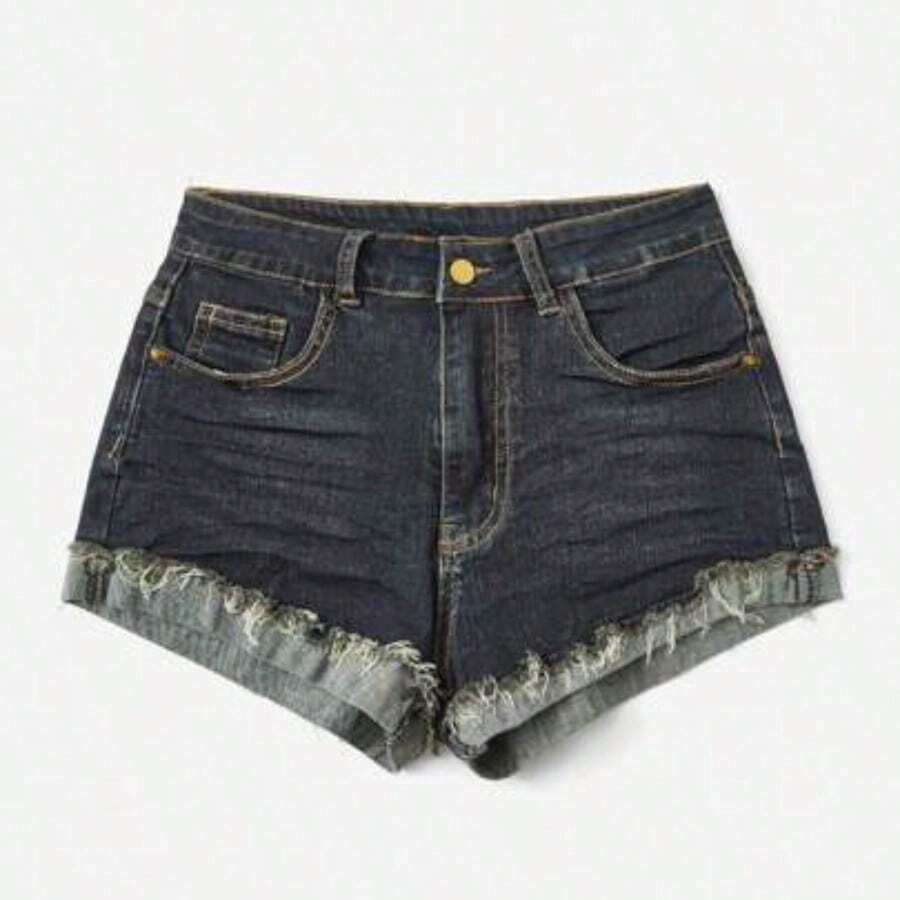 Grunge Punk Solid Raw Hem Low Waist Denim Shorts, School - Azul lavado oscuro - Ver 1