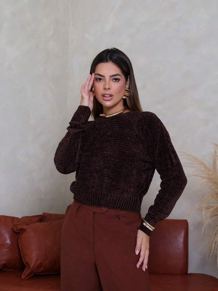 Women's Long-Sleeved Knit Blouse For Winter, Basic Round Neck, Chenille Mousse Fabric, Thick, Comfortable, Cropped - 咖啡棕 - 查看 1