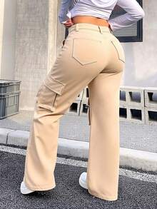 Pantalones cargo rectos color caqui con múltiples bolsillos, de talle alto y holgados - Albaricoque - Ver 3