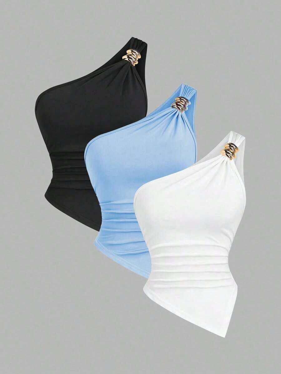 Blusa de unicolor minimalista con cuello asimétrico y hebilla de metal para mujer - Multicolor 6 - Ver 1