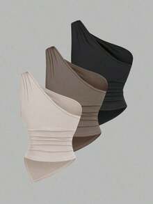 Blusa de unicolor minimalista con cuello asimétrico y hebilla de metal para mujer - Multicolor 9 - Ver 2
