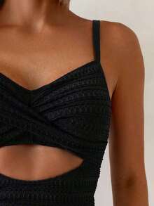 Traje de baño de una pieza sexy para mujer con rayas, escote delantero hueco y cordones en la espalda, para el verano - Negro - Ver 4