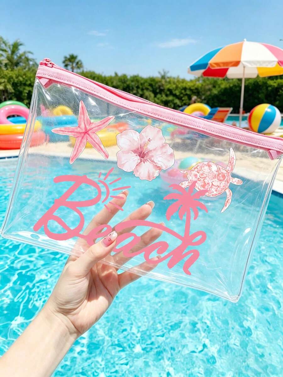 海灘字母印花防水 PVC 海灘包,配貝殼與海星裝飾,化妝包,附拉鍊旅行收納袋,適合女性與男性的化妝包,TSA 認證便攜收納盒,適合母親、度假、母親節禮物,美學風格 - 彩色 - 查看 1