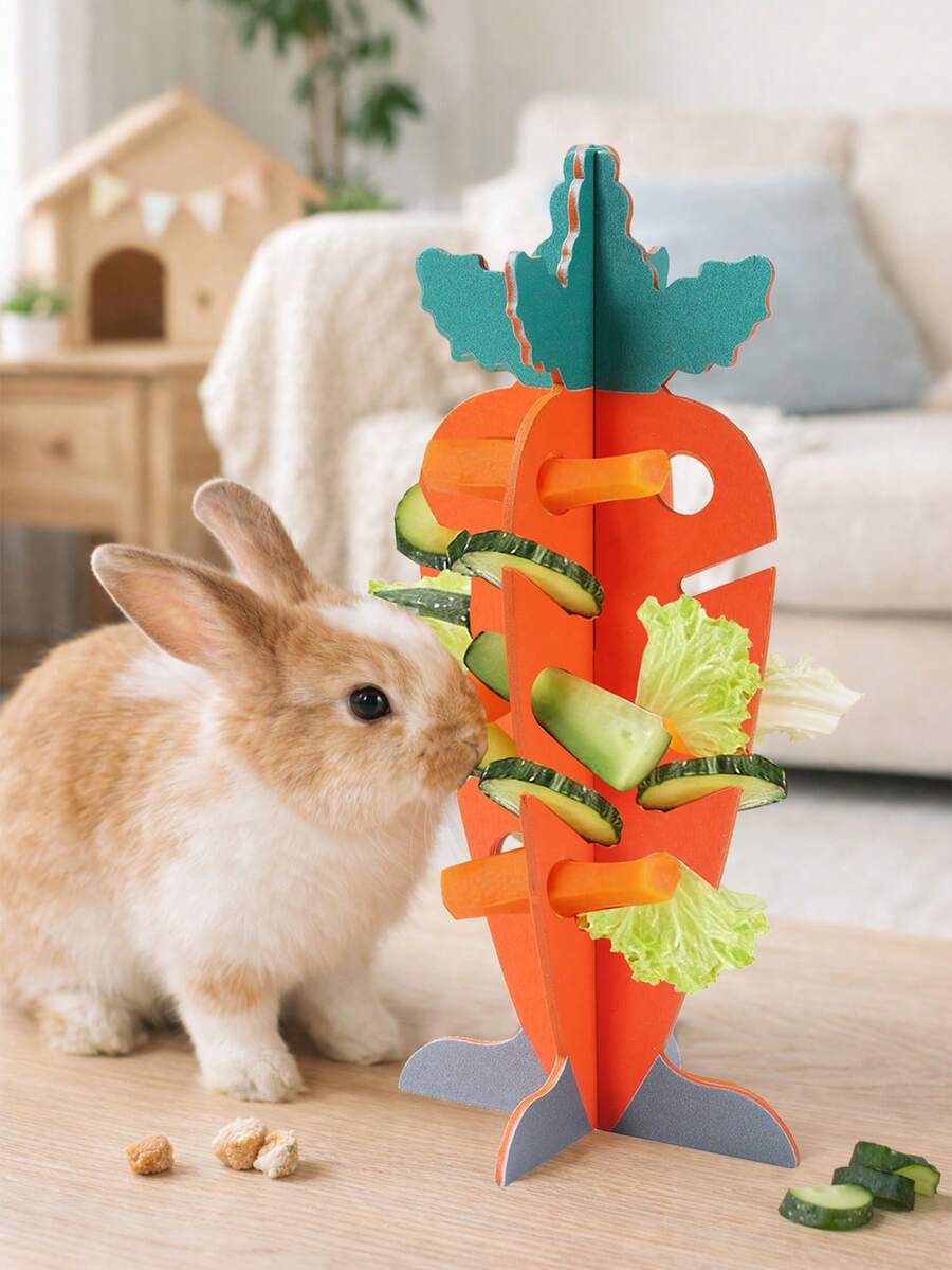 1 Set Carrot Shaped Wooden Pet Food Dispenser, Suitable For Rabbits/Guinea Pigs/Hamsters/Cats, Decorative Pet Feeder, Interactive Feeding Station For Vegetables/Hay/Leaves, Detachable Vegetable Rack, Small Animal Feeding Supplies, Great Gift For Pet Owners