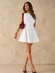 Vestido minimalista de una línea y escote en forma de U sin mangas, de color negro, vestido sexy para citas, vestido de dama de honor, elegante vestido negro pequeño, para primavera/verano - Blanco - Ver 7