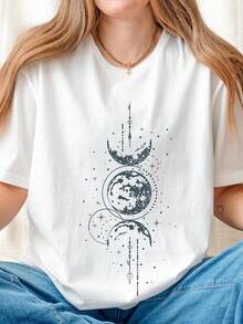 Camiseta mística de fases lunares, camiseta bohemia celestial. Camiseta unisex de algodón puro de 220 g. Peso ideal para todas las estaciones, apta tanto para hombres como para mujeres. Tejido duradero de alta calidad, suave al tacto y de larga duración. Top transpirable. Adecuado para la primavera y el verano, vacaciones, Día de la Madre, Día de la Independencia. - Blanco - Ver 1