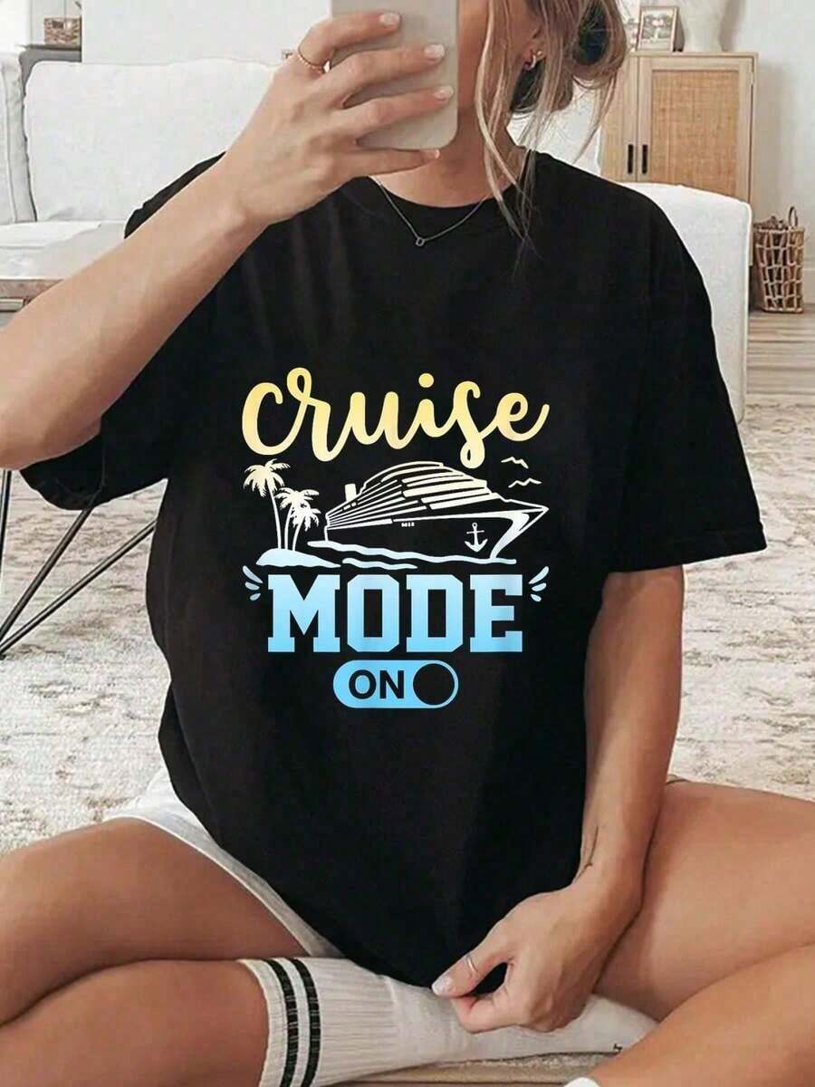 Vintage 100% Cotton T-Shirt With "Cruise Mode On" Graphic Print, Fun And Cool, For Boat Holidays, Casual Short Sleeve Cotton T-Shirt, Summer T-Shirt For Women, Fashion. - 黑色 - 查看 1