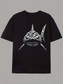 Camiseta de manga corta unisex con estampado de letras de graffiti estilo americano moderno y diseño de escuela de tiburones, estilo urbano para parejas. - Negro - Ver 1