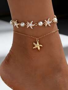 2pcs/Set Beach Style Starfish & Faux Pearl Jewelry Set, Suitable For Daily Wear And Summer Beach Vacation - Multicolor - View 1