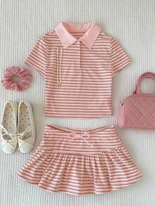 Conjunto de 2 piezas de camiseta de manga corta a rayas y minifalda de moda casual para mujer, primavera/verano 2026.Ropa de mujer de verano, conjunto de playa para el Día de San Valentín, estilo Y2K en color rosa claro - Rosa Pálido - Ver 4