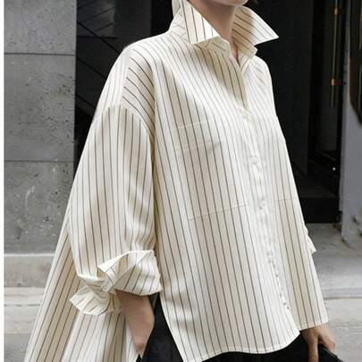 Women's Classic Striped Loose Long Sleeve Shirt, Shirt Collar, Casual Top For Autumn/Winter