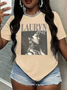 Women's Vintage T-Shirt 100% Cotton With Lauryn Hill Portrait Print, 100% Cotton, Soft And Breathable, Casual Short Sleeve Top, Easy To Match For Summer Or Everyday Comfort. - 杏色 - 查看 7
