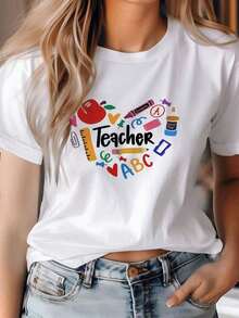 ropa de mujer Camiseta con estampado de profesor, manga corta, cuello redondo, top casual para verano y primavera, ropa de mujer, camisas de mujer - Blanco - Ver 3