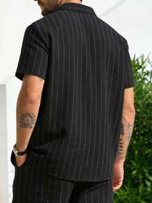 Summer American Linen Jacquard Loose Breathable Striped Men's Short Sleeve Casual Shirt - Black - View 4