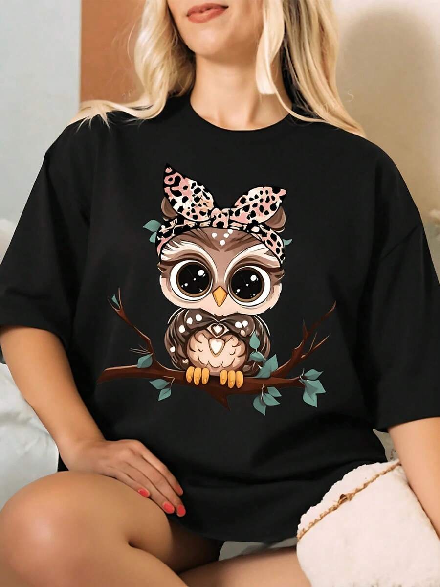 Women's T-Shirt Made Of Pure Cotton With An Adorable Owl Print, Casual Style, Round Neck, Comfortable Short Sleeves, And A Modern Artistic Design For Everyday Wear And Summer. - 黑色 - 查看 1