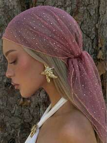 Bohemian Rhinestone Women's Thin Solid Color Elegant Headscarf, Headwrap Scarf, Luxury Bohemian Style Scarf/Shawl, Suitable For Daily Wear, Wedding, Church, Formal Occasions, Summer Beach Vacation, Holidays, Festival Events, Gift For Girls - Rusty Rose - View 1