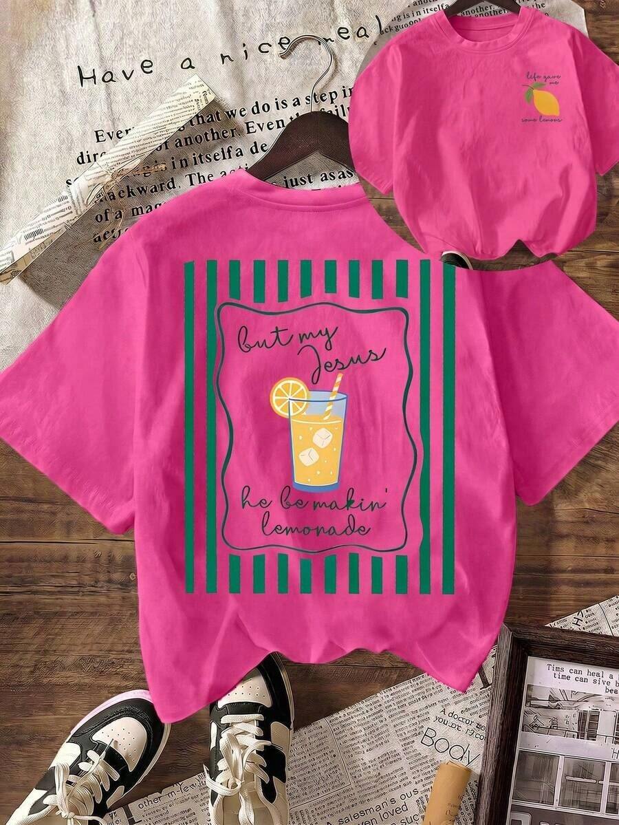Jesus Lemonade T-Shirt, But My Jesus Is Making Lemonade, Women's Graphic Tee, Casual Round Neck Short Sleeve Summer T-Shirt - 玫紅色 - 查看 1